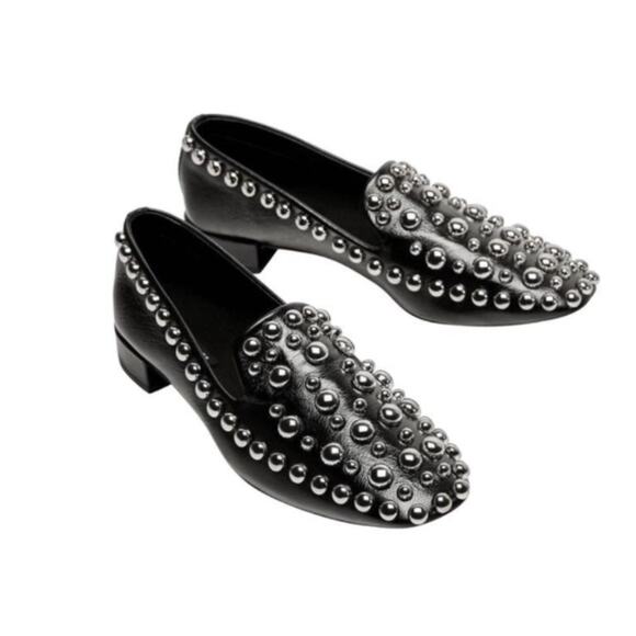 Zara Black Leather Studded Loafers - Picture 1 of 9